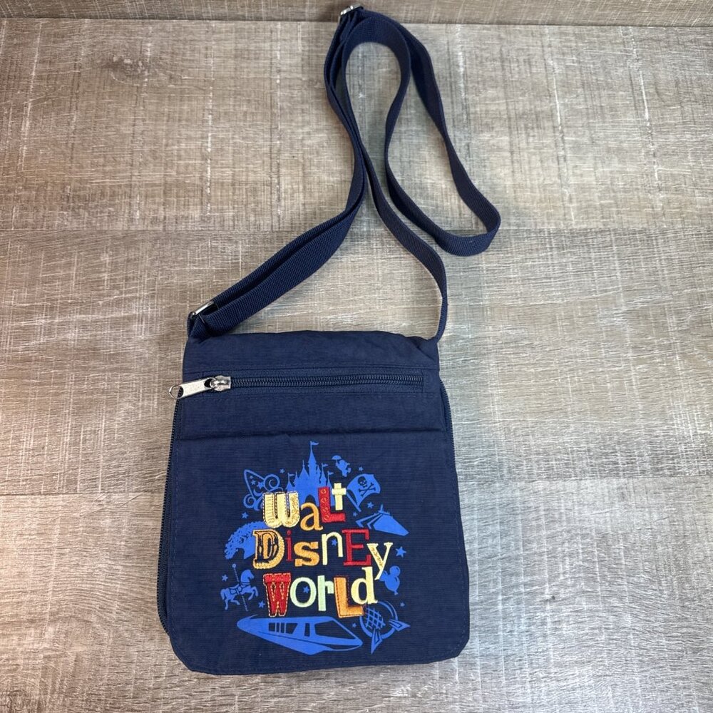 Walt Disney World Parks Crossbody Bag Navy Nylon Embroidered Small Size 7" x 8"